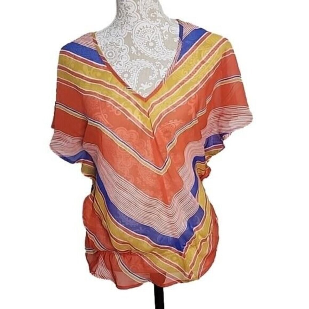 Dolled up by Fang Top Sheer Colorful Short Sleeve Elastic Waist Women's Large